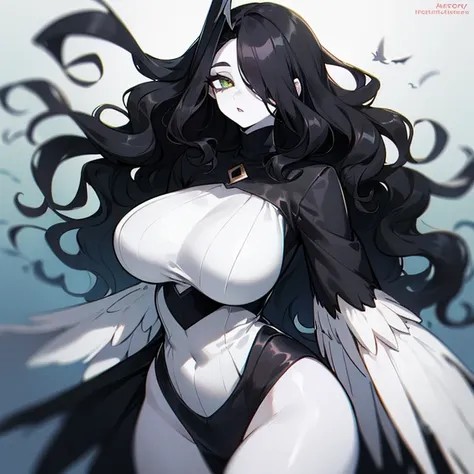 (((Alone))),(((Bird Woman))),(((Pale Skin))),(((Black wavy hair))), Heterogromy,(right eye green, left eye blue),(Body slight curvy),((wearing nice clothes))