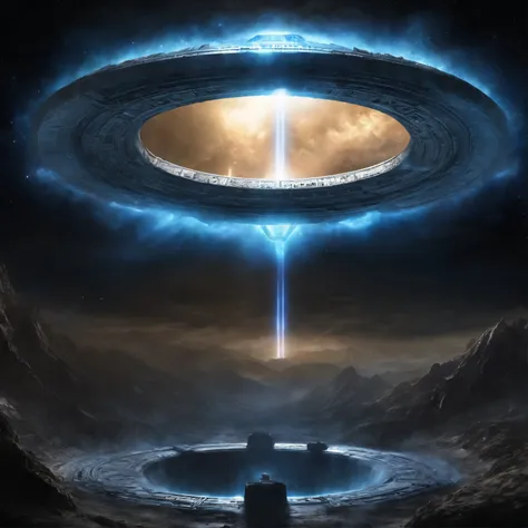 super detailed image of (((the giant stargate ring in the deep open space))), ((the entire space inside that stargate is filled with streams of blue plasma flowing from the ring to the center of the space inside that ring):1.4), ((a flying saucer opposite ...