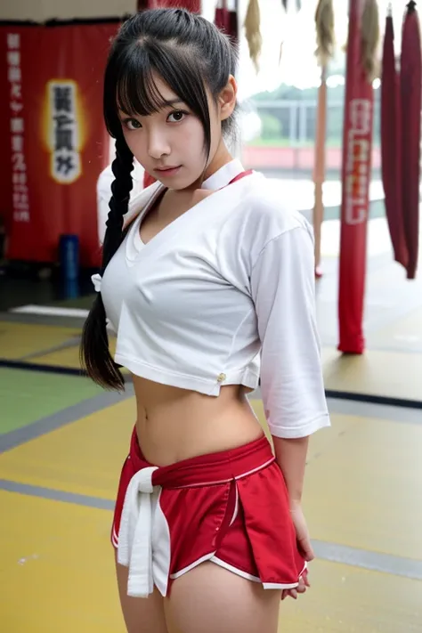 ((highest quality)), ((masterpiece)), Real Japanese beautiful girl idol high school student、hair is wet with sweat、beautiful thighs、beautiful little valley、hair tied in a knot、No sleeve、short boxer shorts、cornered in a martial arts match、Body Blow、Put both...