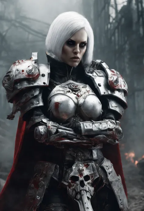 female warrior, adepta sororitas, (bob haircut, white hair), red cape, (warhammer 40k art:1.4), (futuristic power armor:1.2), standing,  beautiful face, (best quality, masterpiece, award winning:1.4), (octane render, vivid colours:1.2), empty hands