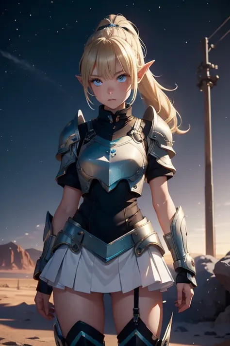 elf girl with blonde hair as a ponytail, blauen augen, 14 years old she wears military boots,white knee socks, white mini skirt and sci-fi armor and stands in a desert at night with neon lights in the sky 