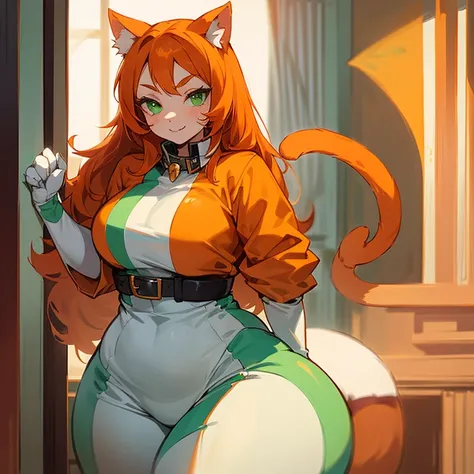 (((Alone))),(((Feline Woman))),(((Orange hair with white stripes))),(((Green feline eyes))),(light curvy body),(((Wearing clothes beautiful)))