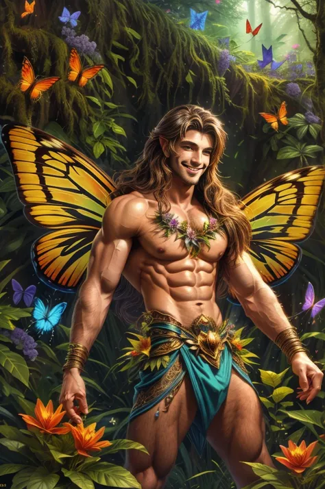 artwork, Male fairy, muscular arms and legs, strong chest, long hair, wings, shine, shine, Enchanted forest, butterflies, vegetation, Flowers, sexy and charming smile, looking at the viewer with inviting gaze, 8k, HDR