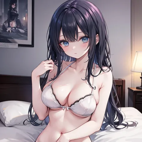 (Black hair), blue eyes, large breast, sexy, beautiful body, masterpiece, (white lingerie), (white underwear), (white bra), bed