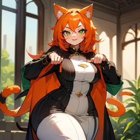 (((Alone))),(((Feline Woman))),(((Orange hair with white stripes))),(((Green feline eyes))),(light curvy body),(((Wearing clothes beautiful))),