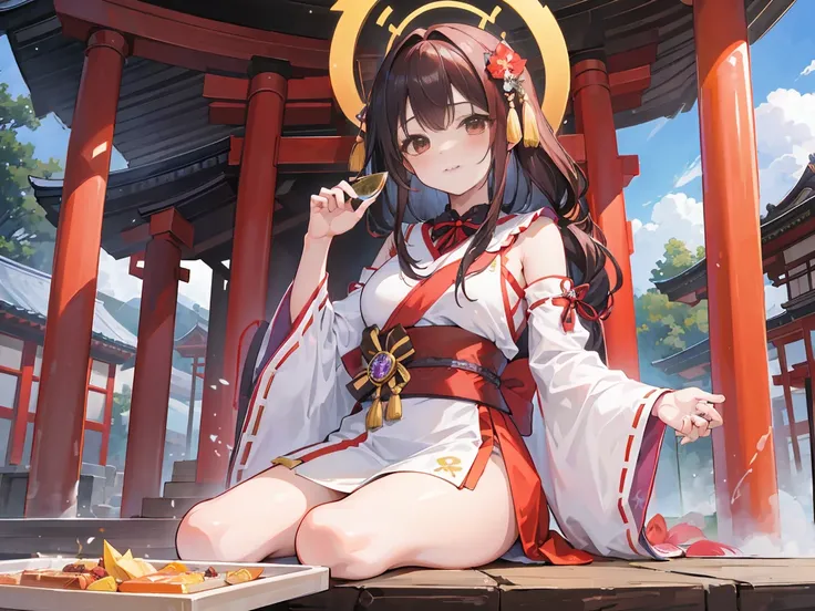 on the table, best quality, high resolution,chica herself,Rubio,long hair,huge ,whole body,miko dress,shrine girl,Japanese dress,excited,He had an ecstatic expression on his face,Red-brown,Attractions