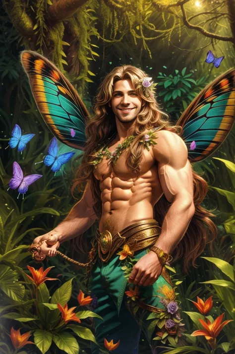 artwork, Male fairy, muscular arms and legs, strong chest, long hair, wings, shine, shine, Enchanted forest, butterflies, vegetation, Flowers, sexy and charming smile, looking at the viewer with inviting gaze, 8k, HDR