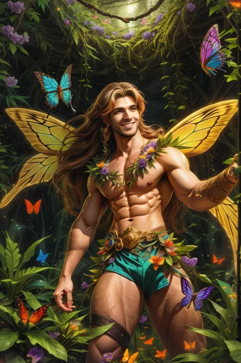 artwork, Male fairy, muscular arms and legs, strong chest, long hair, wings, shine, shine, Enchanted forest, butterflies, vegetation, Flowers, sexy and charming smile, looking at the viewer with inviting gaze, 8k, HDR