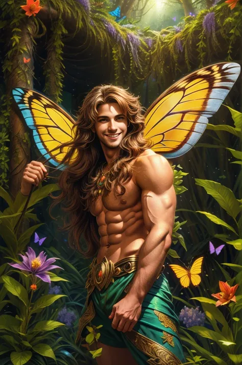 artwork, Male fairy, muscular arms and legs, strong chest, long hair, wings, shine, shine, Enchanted forest, butterflies, vegetation, Flowers, sexy and charming smile, looking at the viewer with inviting gaze, 8k, HDR