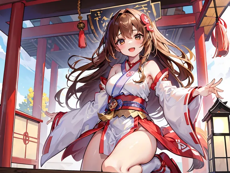 on the table, best quality, high resolution,chica herself,Rubio,long hair,huge ,whole body,miko dress,shrine girl,Japanese dress,excited,He had an ecstatic expression on his face,Red-brown,Attractions