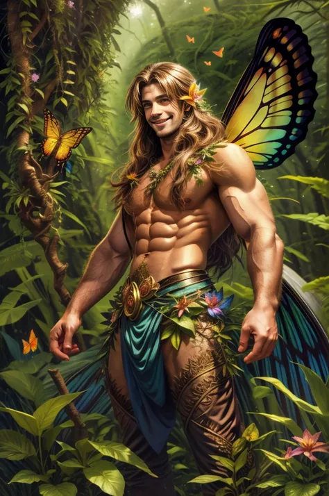 artwork, Male fairy, muscular arms and legs, strong chest, long hair, wings, shine, shine, Enchanted forest, butterflies, vegetation, Flowers, sexy and charming smile, looking at the viewer with inviting gaze, 8k, HDR
