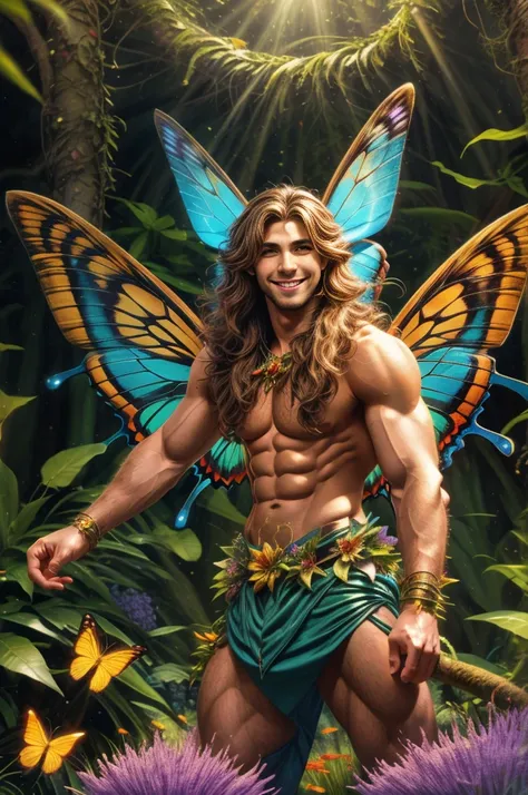 artwork, male fairy, muscular arms and legs, strong chest, long hair, wings, shine, shine, enchanted forest, butterflies, vegeta...