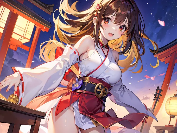 on the table, best quality, high resolution,chica herself,Rubio,long hair,huge ,whole body,miko dress,shrine girl,Japanese dress,excited,He had an ecstatic expression on his face,Red-brown,Attractions