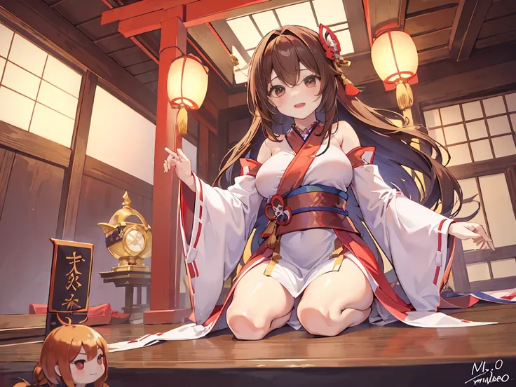 on the table, best quality, high resolution,chica herself,Rubio,long hair,huge ,whole body,miko dress,shrine girl,Japanese dress,excited,He had an ecstatic expression on his face,Red-brown,Attractions