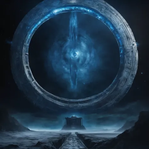 super detailed image of the giant stargate ring (((in the deep space))), ((the entire space inside that stargate is filled with streams of blue plasma flowing from the ring to the center of the space inside that ring):1.4), ((a flying saucer opposite the s...