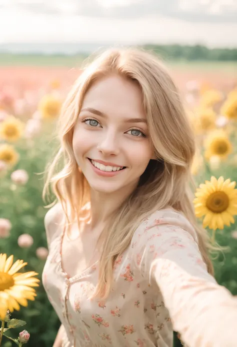 a photo of a woman, in her twenties, radiating an aura of playfulness and happiness, blonde and pastel light brown hair, top view, flower field, nature, outdoor, detailed background, pale skin, shot on Porta 160 color, shot on ARRI ALEXA 65, bokeh