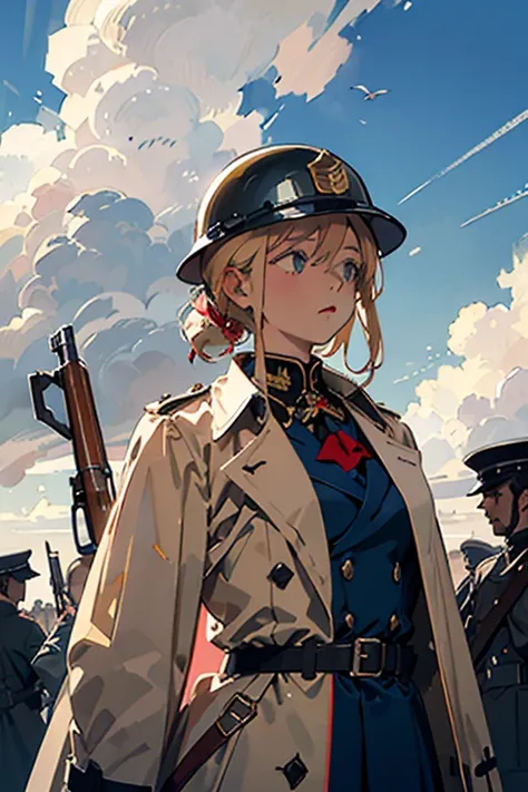 ((best quality)), ((masterpiece)), (detailed), perfect face,french army,WWI,world war 1,1914,1915,1916,1917,1918,Adrian helmet，Sky blue double-breasted long trench coat，large breast,Model 1886 Rifle，rose in muzzle,whole body