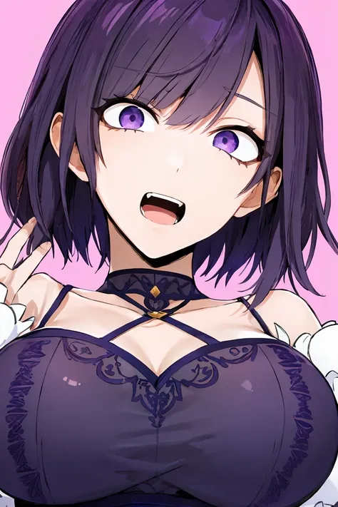 shoujo-style, jk style, (nagisa), short hair, white dress, purple dress, puffy sleeve, large breasts, head tilt, tiled head, upen mouth, yandere, crazy expression portrait, upper body,close-up,