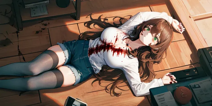 (Lying on the ground), Lisa, genshin impact, 1 girl, alone, ((white shirt)), black Thighhighs, big breasts, cleavage, uniform, ((Killed)), ((From above)), (cinematic lighting), (Put your arms on the ground), (Bloody ground), dutch angle, ((Bloody ground)),...