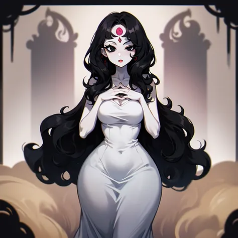 (((Pale woman))),(((Black wavy hair))),(((Completely black eye))),(((Third eye))),(Body with slight curves),(((Beautiful Dress)))