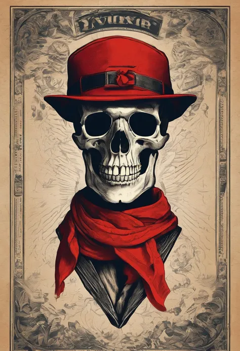 Skeleton wears a red bandana around his neck, Fashion glasses, famous brand cap, cartazes, planfetos, adesivos, propaganda, revista.