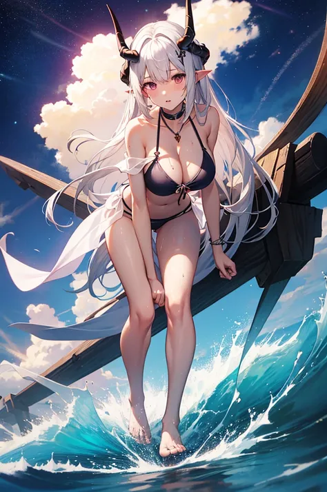 Massive landscape（（natta、masterpiece,Mysterious starry sky、Meteor swarm、sea side, body center, (bottomless:2), large breast:1.8, full body:1.6, complete body, illustration, anime characters, anime face,）、Silvery hair、a beauty girl、 large breast、Delicate em...