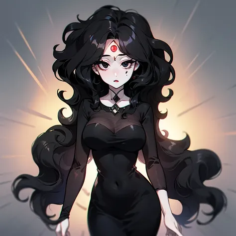 (((Pale woman))),(((Black wavy hair))),(((Completely black eye))),(((Third eye))),(Body with slight curves),(((Beautiful Dress)))