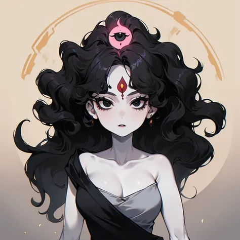 (((Pale woman))),(((Black wavy hair))),(((Completely black eye))),(((Third eye))),(Body with slight curves),(((Beautiful Dress)))