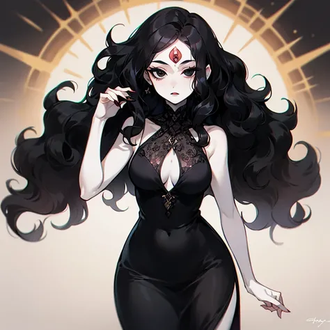 (((Pale woman))),(((Black wavy hair))),(((Completely black eye))),(((Third eye))),(Body with slight curves),(((Beautiful Dress)))