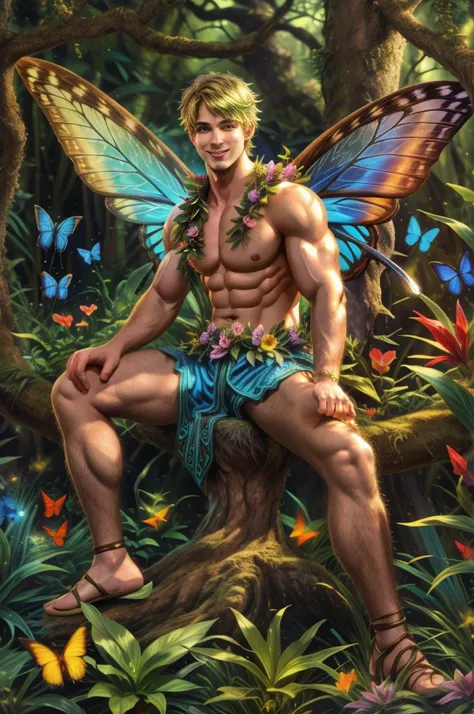 artwork, Male fairy, muscular arms and legs, strong chest, short hair, wings, shine, shine, sitting with legs apart in an enchanted forest, butterflies, vegetation, Flowers, sexy and charming smile, looking at the viewer with gaze inviting, 8k, HDR