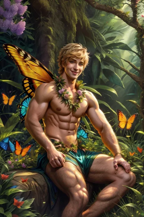 artwork, Male fairy, muscular arms and legs, strong chest, short hair, wings, shine, shine, sitting with legs apart in an enchanted forest, butterflies, vegetation, Flowers, sexy and charming smile, looking at the viewer with gaze inviting, 8k, HDR