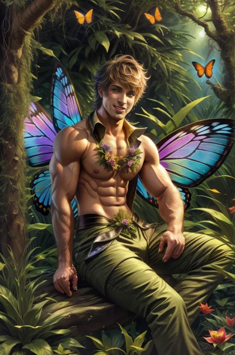 artwork, Male fairy, muscular arms and legs, strong chest, short hair, wings, shine, shine, sitting with legs apart in an enchanted forest, butterflies, vegetation, Flowers, sexy and charming smile, looking at the viewer with gaze inviting, 8k, HDR