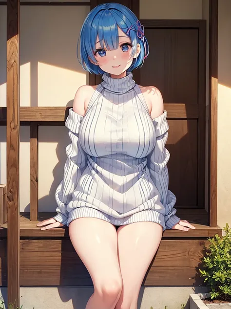 masterpiece,highest quality,High resolution ,1 girl,Rem, Re Zero, blue hair, short hair,straight hair,big breasts,white skin,((sweater,transparent)),((stripe)),((sweaterのみ)),bags under eyes,smile,Chemomimi,happiness,bare shoulders,magnificent々New,cute,