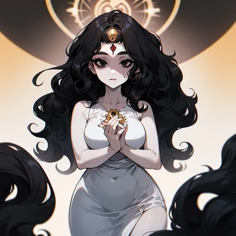 (((Pale woman))),(((Black wavy hair))),(((Completely black eye))),(((Third eye))),(Body with slight curves),(((Beautiful Dress)))