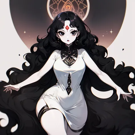 (((Pale woman))),(((Black wavy hair))),(((Completely black eye))),(((Third eye))),(Body with slight curves),(((Beautiful Dress)))