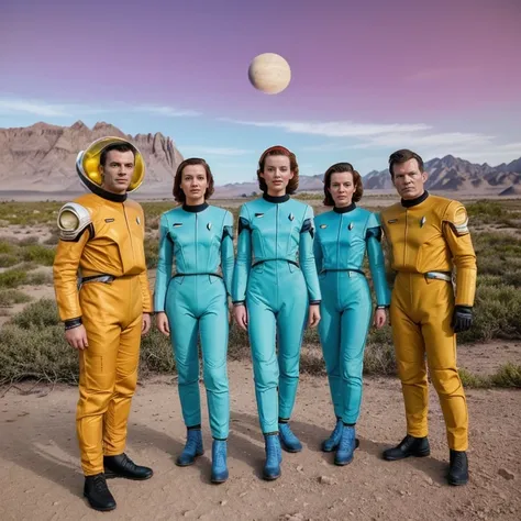 Star Trek-style crew on an alien planet, Lost in Space series style, perfect face Image of a group of people in spacesuits on an alien planet set in a 1950s science fiction TV series, 1950s science fiction, vintage sci-fi, ambiente externo, scenic alien pl...