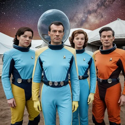 Star Trek-style crew on an alien planet, Lost in Space series style, perfect face Image of a group of people in spacesuits on an alien planet set in a 1950s science fiction TV series, 1950s science fiction, vintage sci-fi, ambiente externo, scenic alien pl...