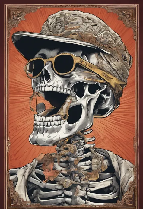 Skeleton Laughing with his mouth open, he wears a bandana with different details around his neck, Fashion glasses, famous brand cap, cartazes, planfetos, adesivos, propaganda, revista.