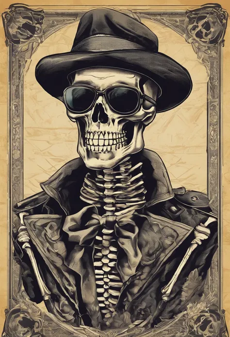 Skeleton Laughing with his mouth open, he wears a bandana with different details around his neck, Fashion glasses, famous brand cap, cartazes, planfetos, adesivos, propaganda, revista.