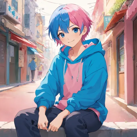 male:1.4、anime characters、blue sneakers、smile、((Shorthair、two hair colors、２Color hair color:1.1、Blue hair color、pink hair))、whole body、sitting、People only、ID photo、Hooded hoodie in pink、Black skinny pants、background is white