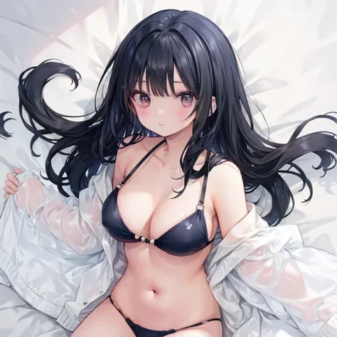 Black hair, navy eyes, large breast, sexy, beautiful body, masterpiece, bikini, bed