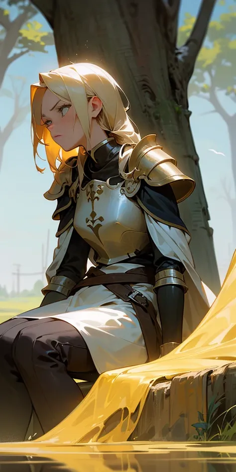 Beneath the open sky, a beautiful crusader rests. Her blonde hair, kissed by sunlight, spills like liquid gold over her armor. Leaning against a weathered tree, she cradles her helmet in her lap. A moments respite in the midst of her journey, a pause betwe...