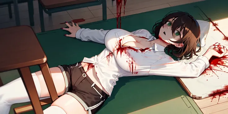 (lying on the ground:1.2), 1 girl, alone, shorts, ((white shirt)), black Thighhighs, huge breasts, cleavage, uniform, office background, デニムshorts, office, (Killed)), ((From above)), (cinematic lighting), dutch angle, ((Sea of Blood)), ((Bloody Body)), (ra...