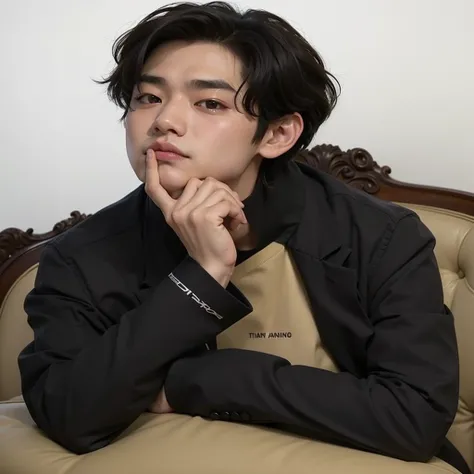 Theres a man sitting on a couch with his hand on his chin, taehyung, portrait of tae do bts, hyung tae, Kim taehyung, young pale angel, v do bts, Jinyoung Shin, suave em _ o fundo, photoshoot, taejune kim, pintar ulzzang, Kentaro, foto de perfil, adorable ...