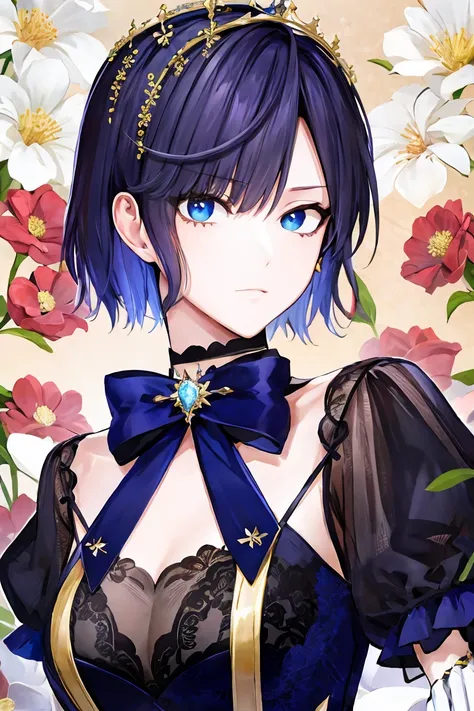 shoujo-style, jk style, (floral background), romance manhwa, (nagisa), 1girl, solo, short hair, flower, dress, tiara, white dress, gloves, long sleeves, choker, mascara, makeup, white gloves, black bow, black flower, bow, jewelry, looking at viewer, collar...