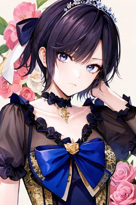 shoujo-style, jk style, (floral background), romance manhwa, (nagisa), 1girl, solo, short hair, flower, dress, tiara, white dress, gloves, long sleeves, choker, mascara, makeup, white gloves, black bow, black flower, bow, jewelry, looking at viewer, collar...