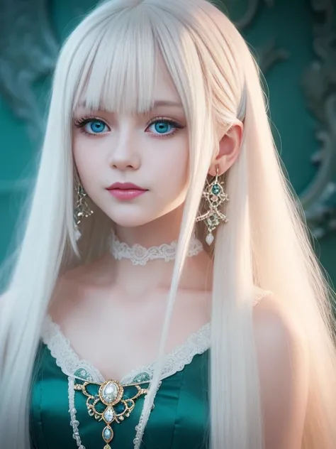 A white blonde doll with long hair and earrings,closeup of face，ssmile，adolable，Dark emerald and light aquamarine style, 32k ULTRAHD, nostalgic paintings, charming anime characters, Beautiful women, Light gold and magenta, Baroque grandeur