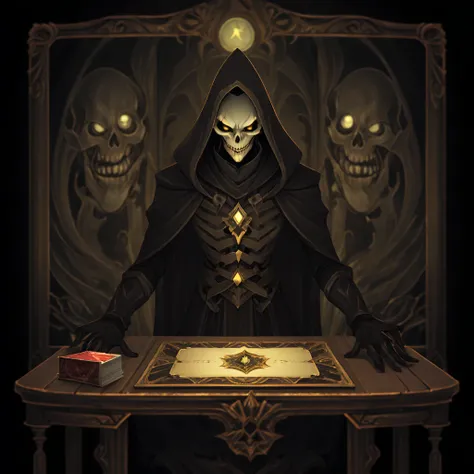 A computer sits on the table doing a search...a sinister search that glows with darkness, in card art style
