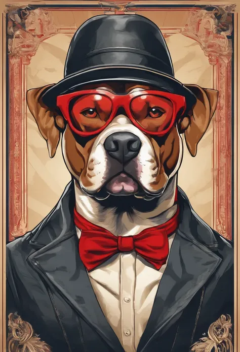 Esqueleto de PitBull, he wears a red bandana around his neck, Fashion glasses, famous brand cap, cartazes, planfetos, adesivos, propaganda, revista.