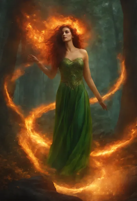 Painting of a woman with brown curls in a green dress surrounded by fire, looking at a fiery spirit (fire elemental), standing on a ledge of a rock in fire, Goddess of fire, wonderful fiery mood, fabulous digital painting, Magical colors and atmosphere los...